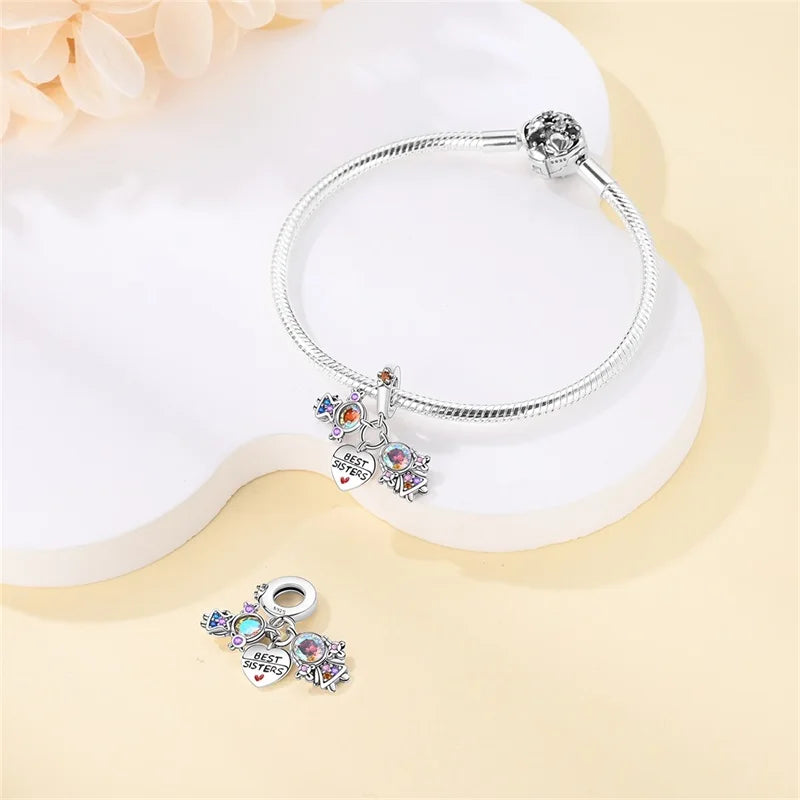 925 Sterling Silver Sweetheart Sister Charm | Fit Original Pandora & 3mm Bracelets DIY Jewelry Gift for Women