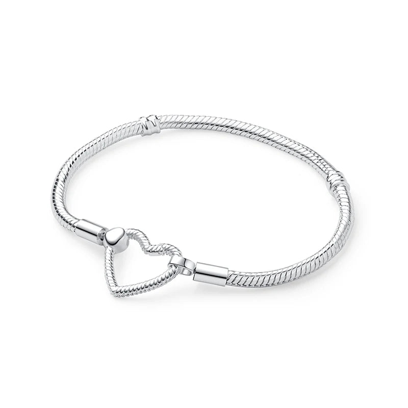 Original 925 Sterling Silver Snake Chain Bracelet | Love Heart Clip Charms & Beads | Rose Gold DIY Luxury Jewelry for Women