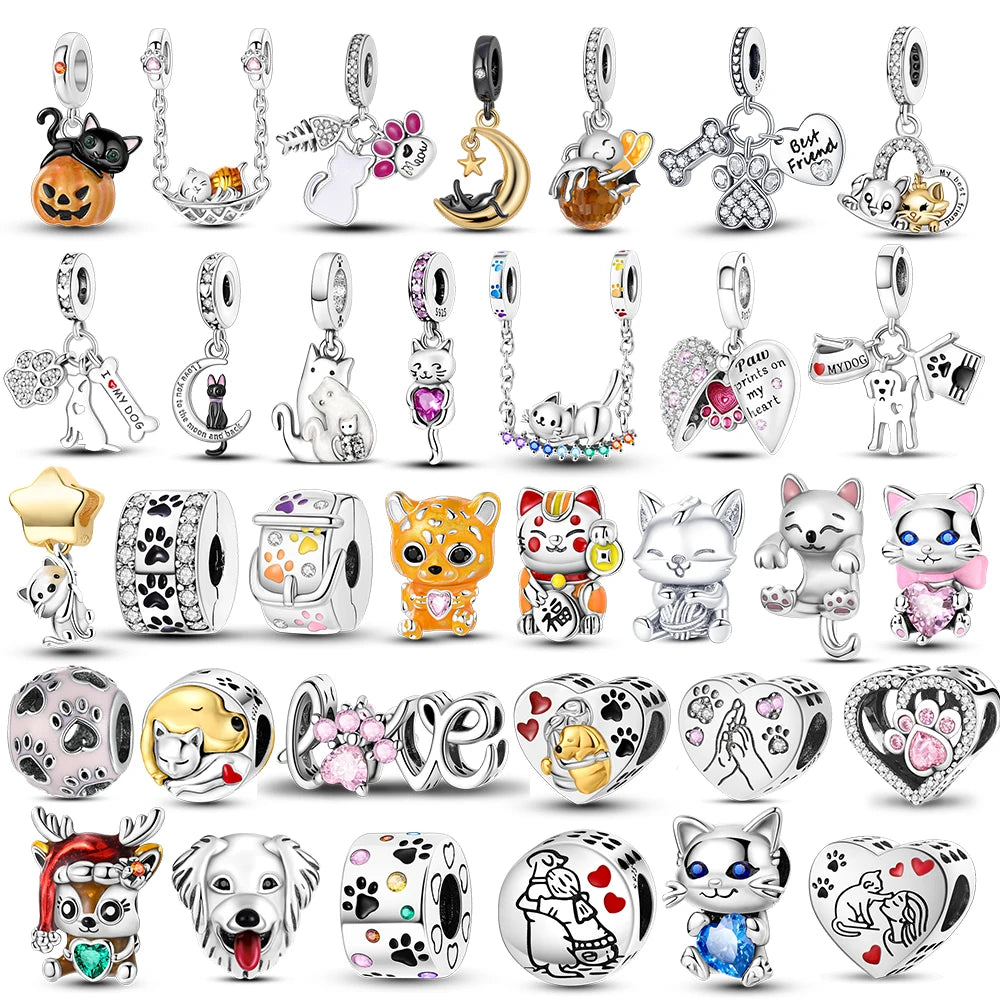 925 Sterling Silver Dog & Cat Animal Series Charms | Pet Beads for Original Bracelet & Necklace DIY Jewelry for Women
