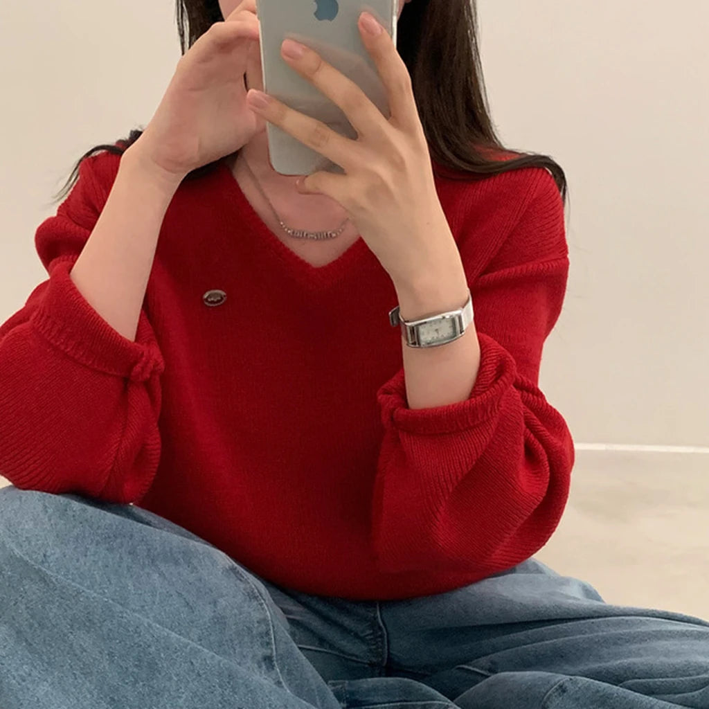 Loose Women’s Knitwear V-Neck Long Sleeve T-Shirt – Casual Comfortable Fashionable Autumn Top New Arrival