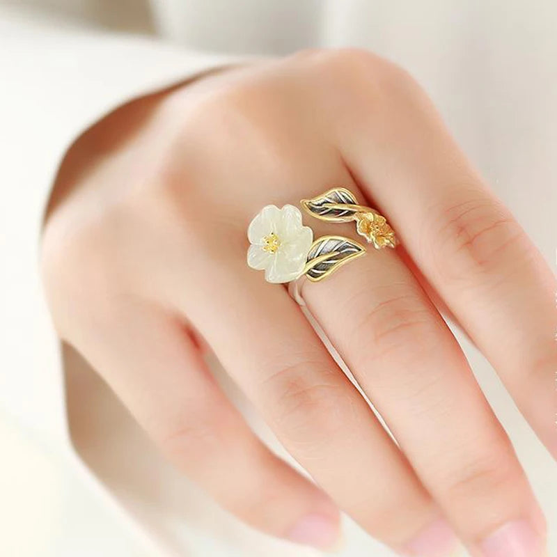 PANJBJ 925 Sterling Silver Hotan Jade Geometric Adjustable Ring | Retro Delicate Jewelry Gift for Women