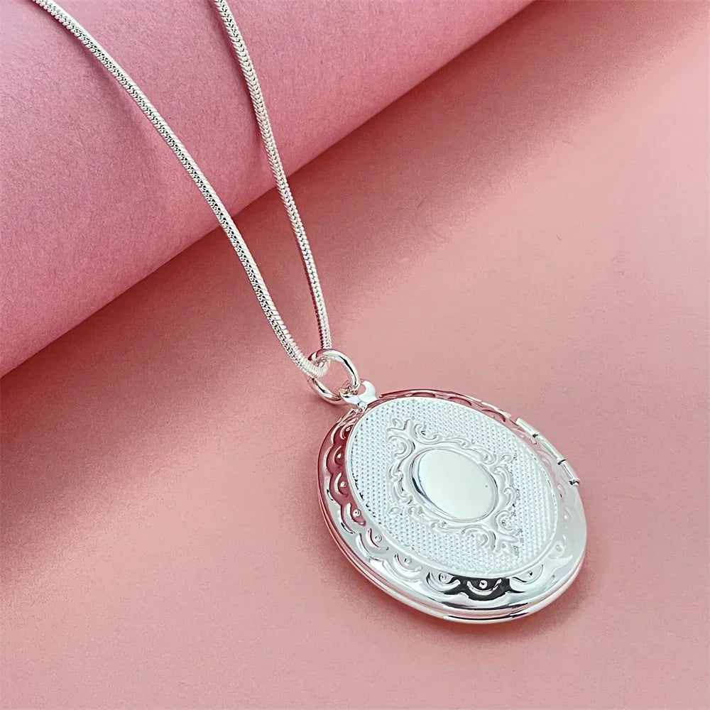 925 Sterling Silver Oval Photo Frame Pendant Necklace | Snake Bone Chain | Fashion Simple Jewelry