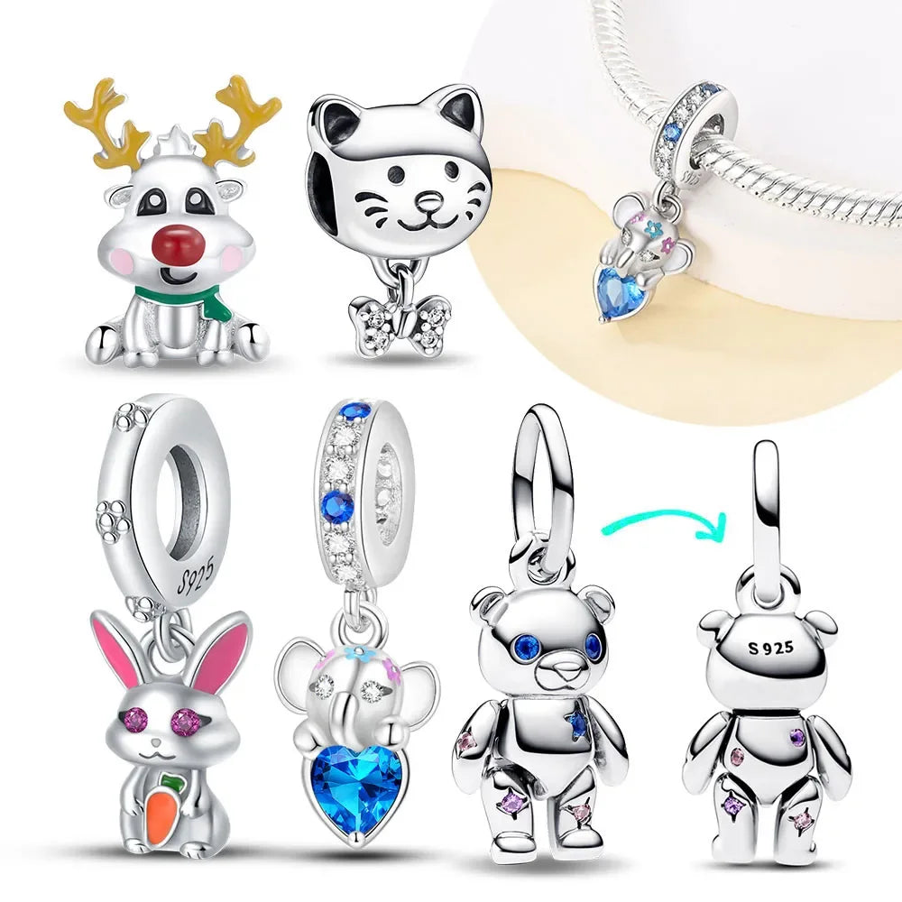 925 Sterling Silver Cute Cat Cartoon Zircon Charm Beads Fit Pandora Bracelet for Women