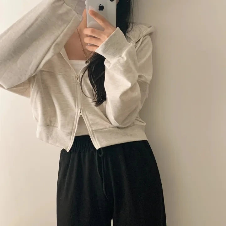 Chic Early Autumn Casual Long Sleeve Hoodie – Double Zipper Loose Versatile Cotton Pullover | Pure Color Commute Wear