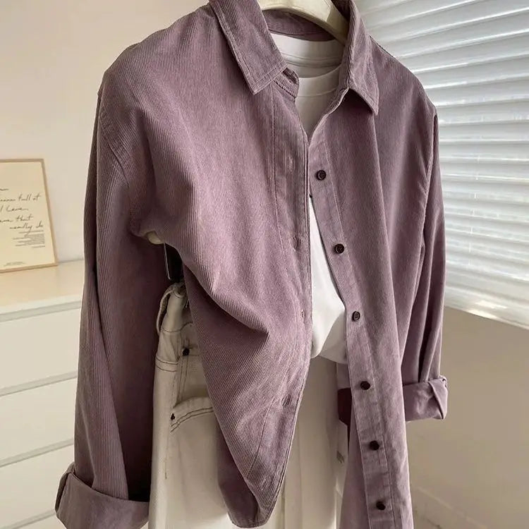 2025 Women’s Corduroy Purple Lotus Shirt | Loose Long Sleeve Casual Outerwear Top for Autumn