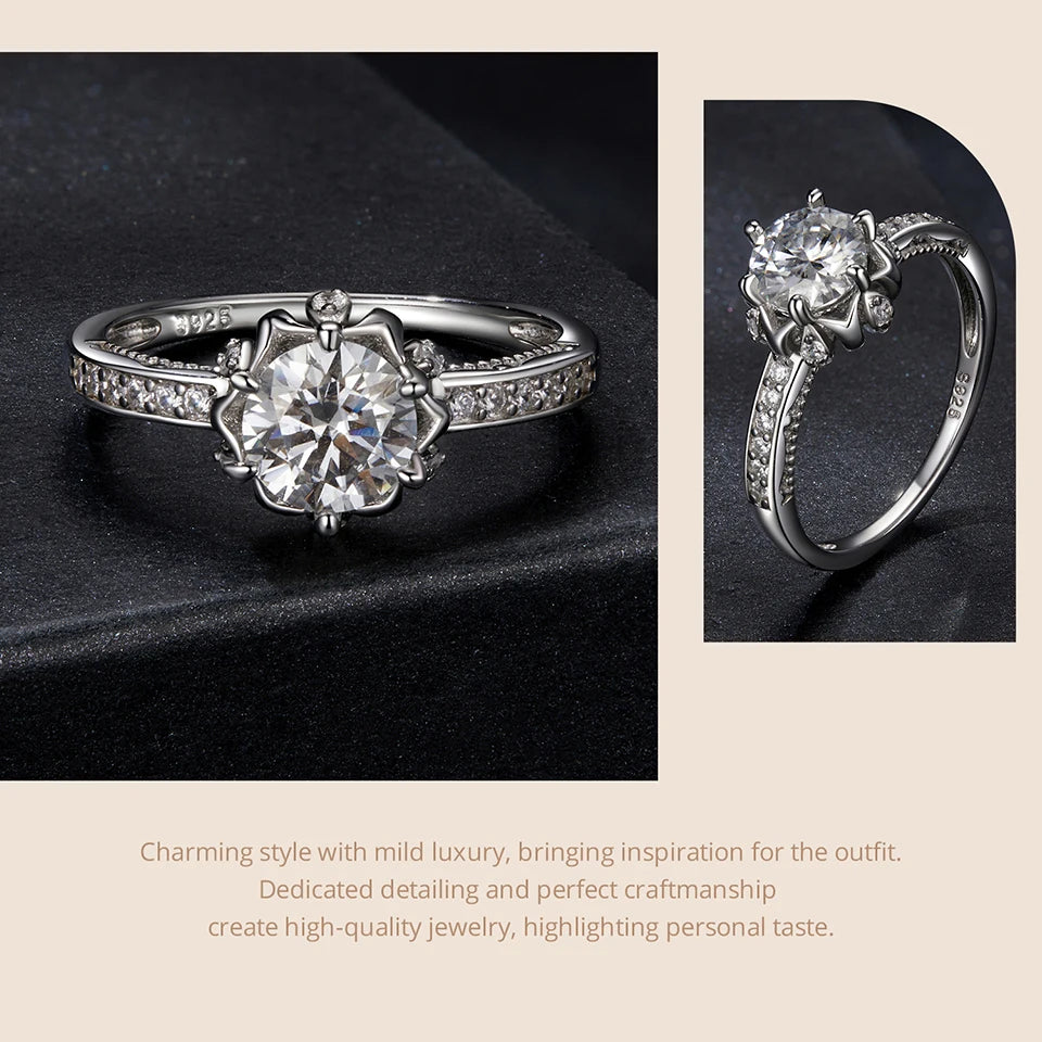 BAMOER 1ct D Color VVS1 Moissanite Flower Ring – 925 Sterling Silver Solitaire Engagement Ring for Women