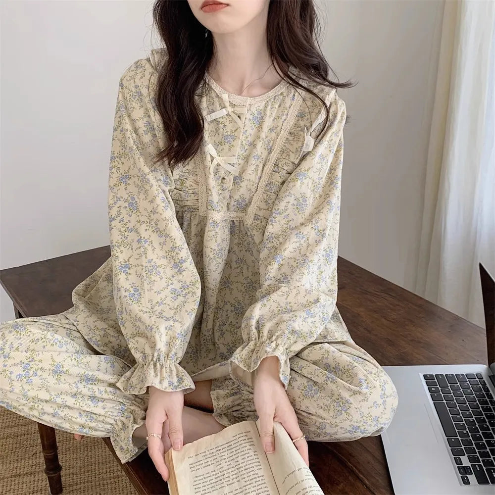 Women’s Plus Size Pajamas – Garden Style Student Homewear Two-Piece Set | Korean Version Bow Detail, Long Sleeve, Can Be Worn Outside