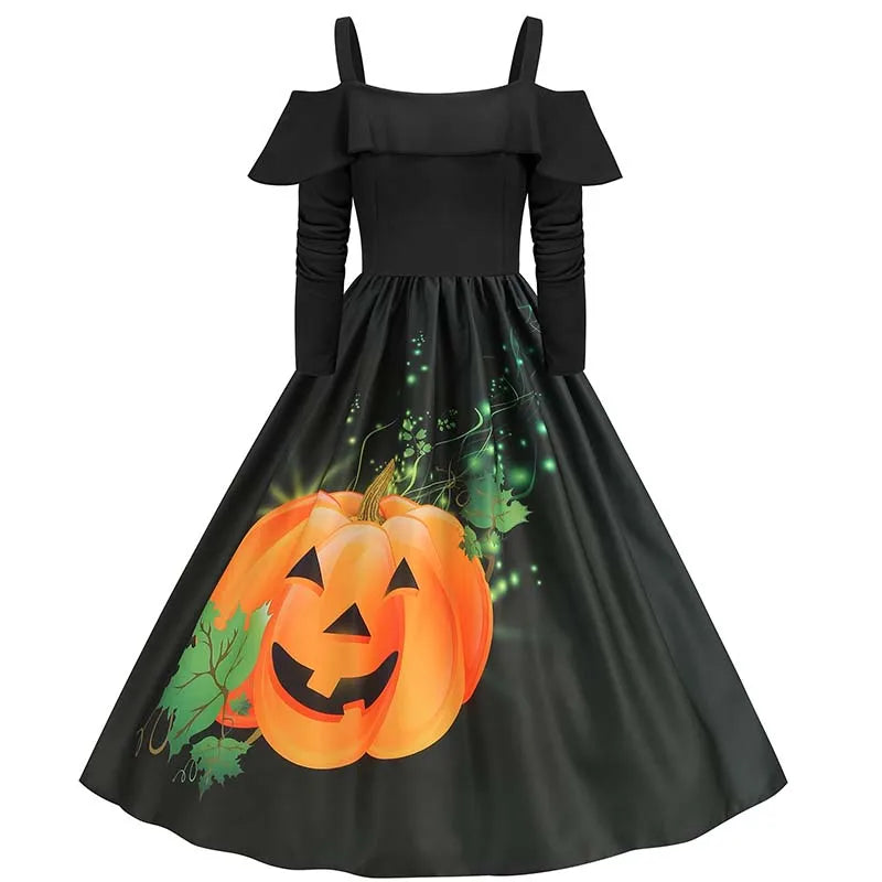 Elegant Spaghetti Strap Halloween Party Dress – Vintage Long Sleeve Ruffle Evening Prom Costume for Women | Autumn Winter