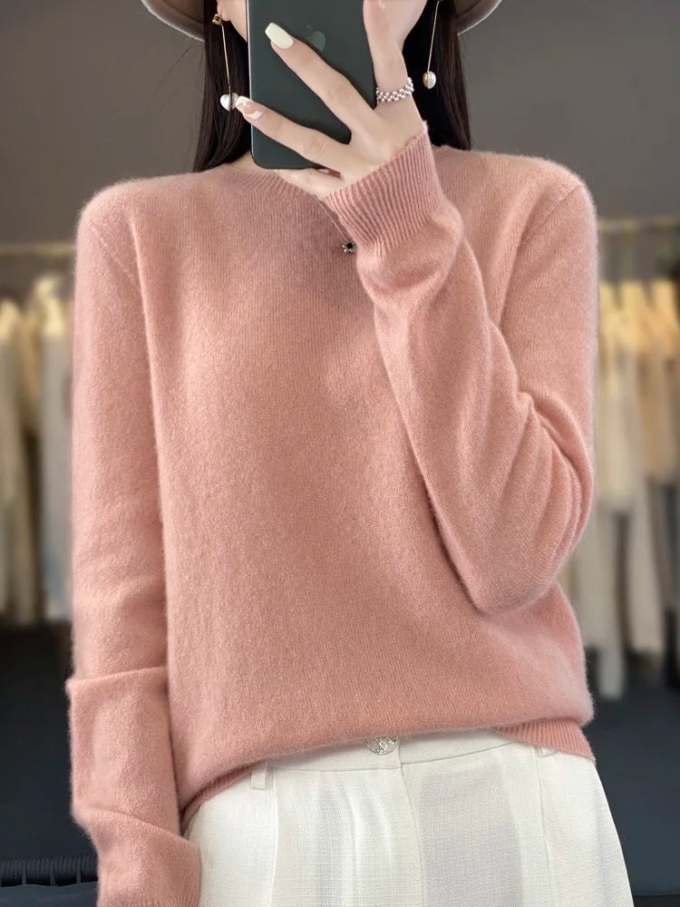Women’s 100% Merino Wool O-Neck Cashmere Sweater – Autumn & Winter Casual Knitted Pullover 🍂🧶