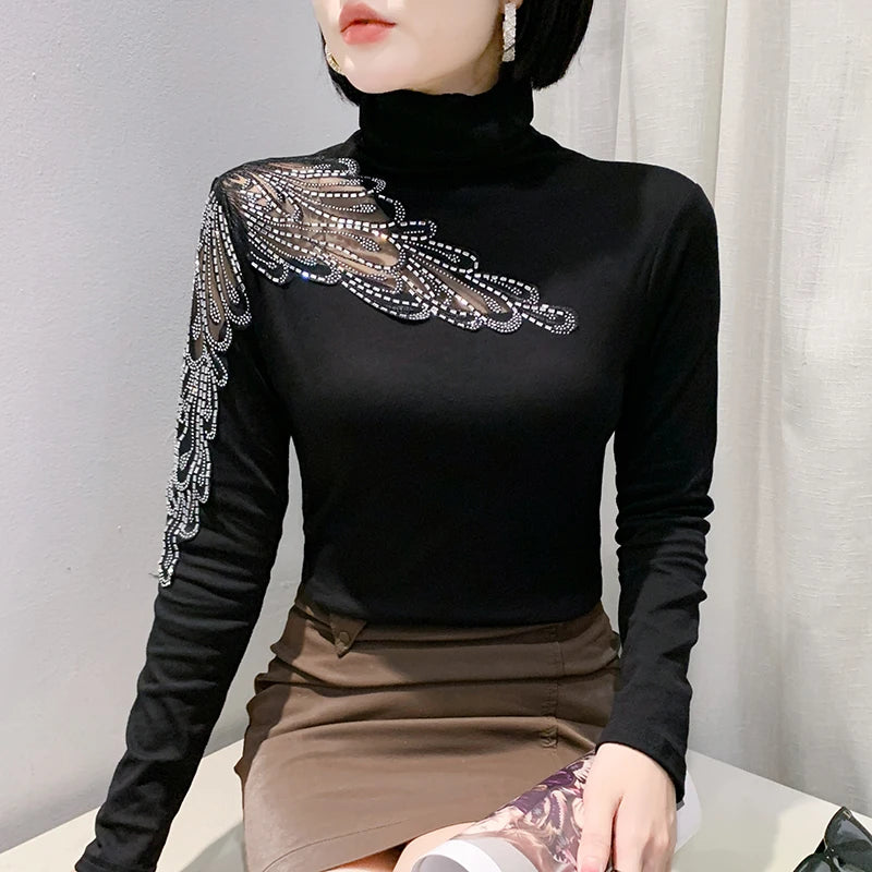 2025 European Station Women’s Long Sleeve Tee – Stand Collar Slim Mesh Top with Hot Diamond ✨👚