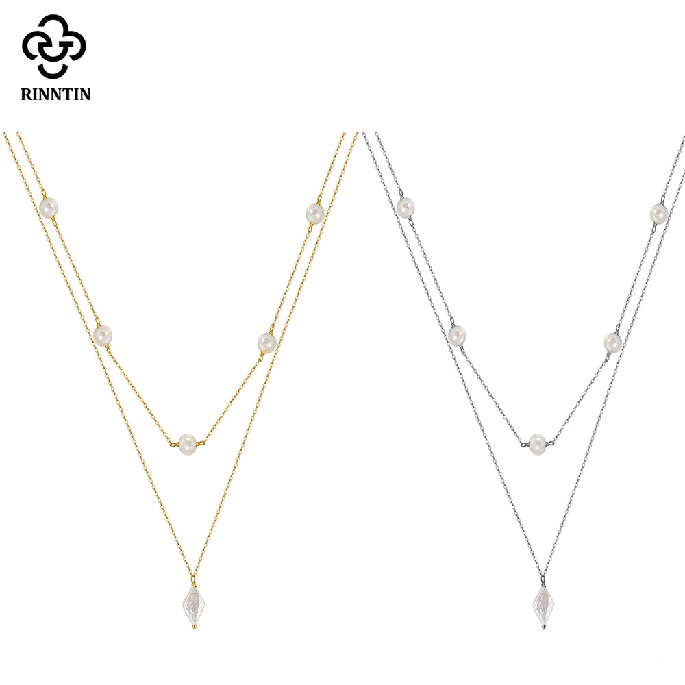 Rinntin 925 Sterling Silver Layered Natural Pearl Necklace | Geometric Pendant Luxury Jewelry