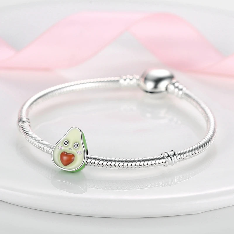 925 Sterling Silver Fruit Charms Beads | Cherry, Strawberry, Lemon, Peach & Avocado Pendants for Original Bracelet DIY Jewelry