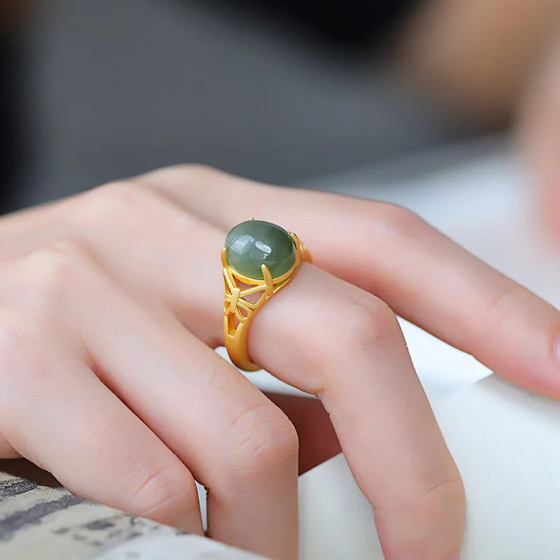 PANJBJ 925 Sterling Silver Hotan Jade Geometric Adjustable Ring | Retro Delicate Jewelry Gift for Women