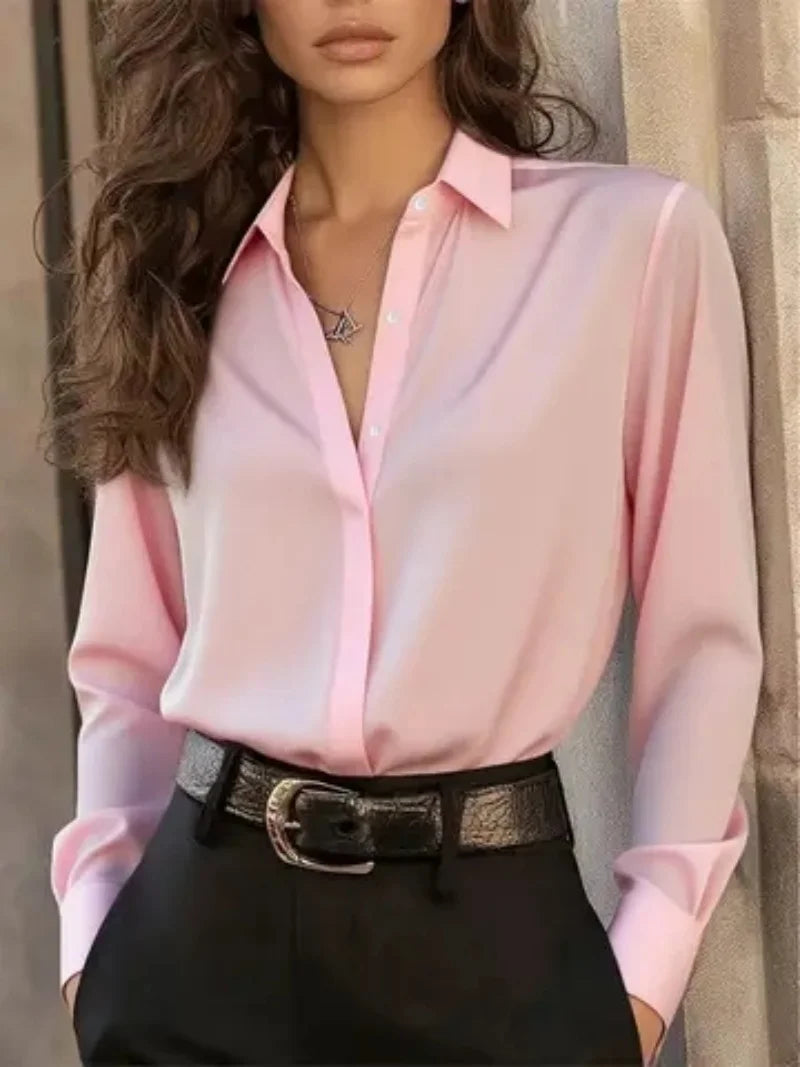 Women’s Long Sleeve Button Down Blouse – Elegant Office Chic Shirt with Classic Collar & Versatile Style ✨