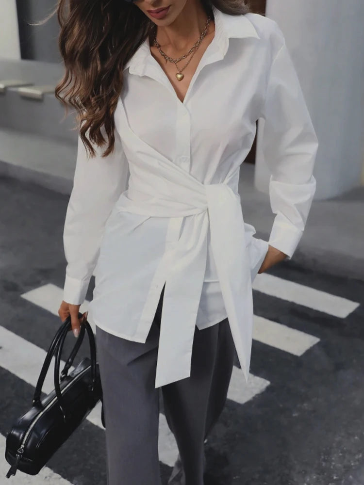 Women’s Classic Collar Button-Up Long Sleeve Shirt with Waist Belt – Elegant Retro Adjustable Fit 👚✨