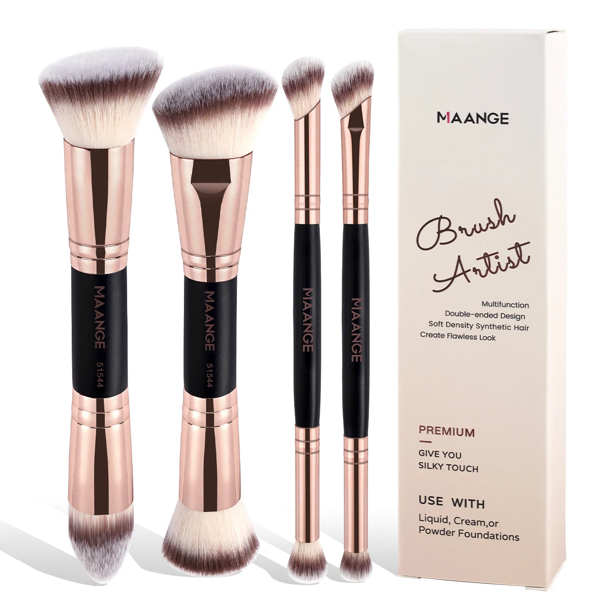 MAANGE 4pcs Basic Makeup Brushes Set with Box – Dual-Ended Foundation, Powder, Blush & Eyeshadow Brushes for Beginners & Travel