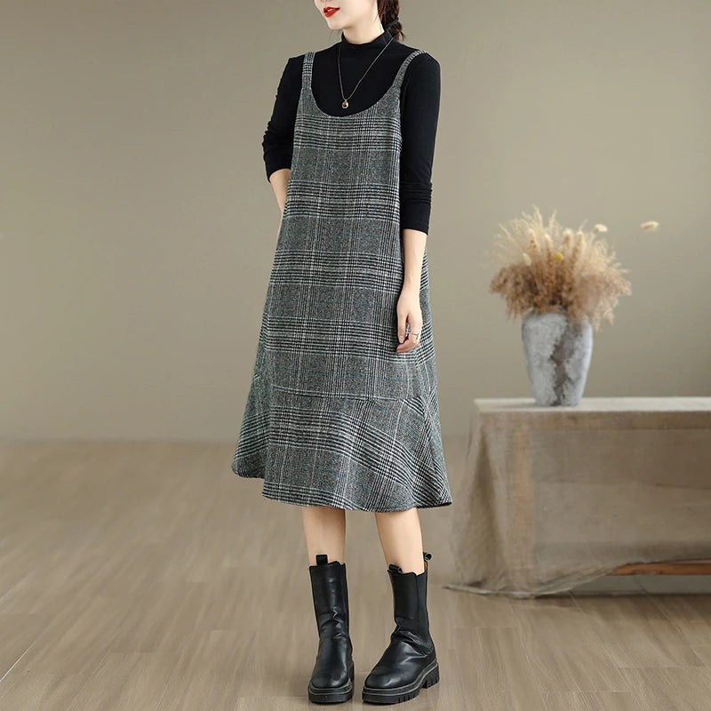 Autumn Winter Plaid Wool Skirt Vest Dress – Slimming Plus Size Mid-Length Thin Base Layer Outerwear | Casual Round Neck Dress