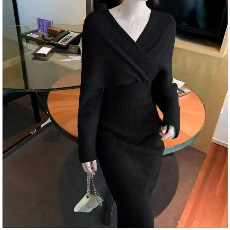 Loose V-ne Pure Color Knitted Long Dr Women's Fro Coat Sle Inner Wear Top Korean Sle Autumn Winter New Arrival