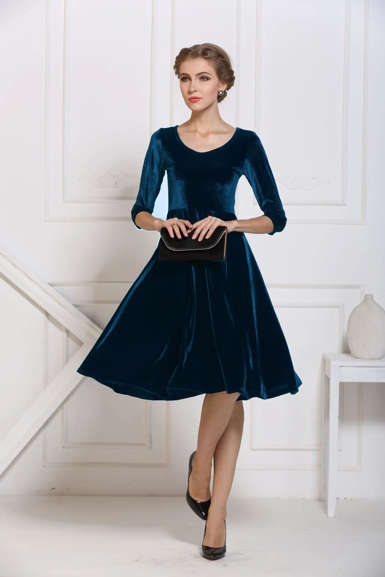 2025 Autumn Winter Navy Velvet Midi Dress – Three-Quarter Sleeve Elegant Evening & Bridesmaid Dress