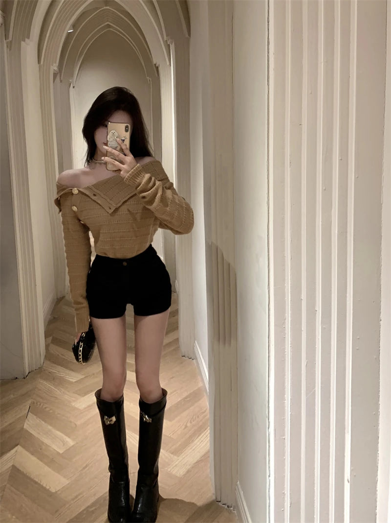 Ele Gold Button Knitted Shoulder-Bared Sweater – Slim Fit Crew Neck Long Sleeve Women Top | Spring Autumn