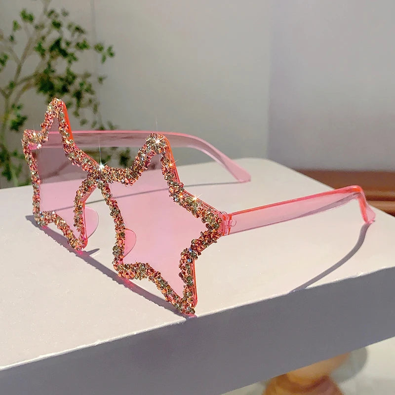KAMMPT Chic Stars Design Pink Shades – Women Rhinestone Shiny Trendy Sun Glasses | Holiday & Beach INS Brand