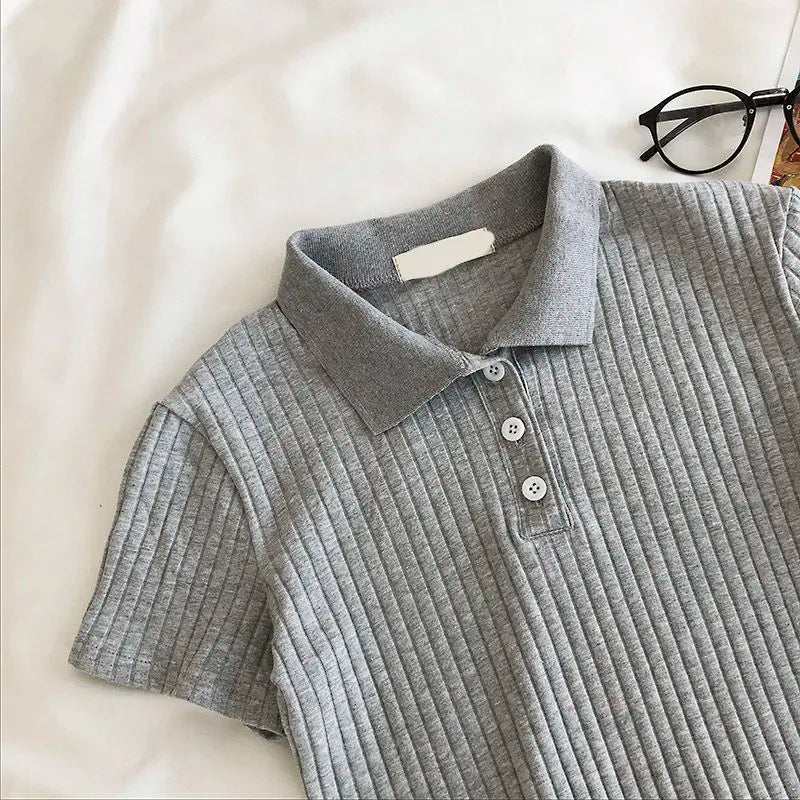 Women’s Knit Polo Neck Cropped Shirt – Summer Short Sleeve Solid Color Youthful Top 👚☀️