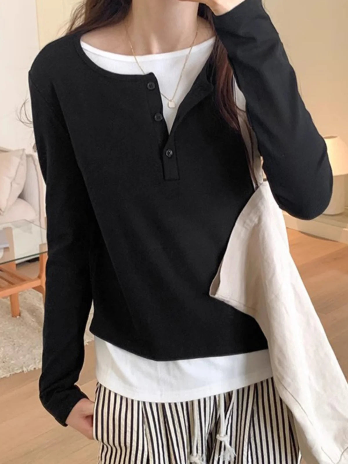 Slimming Effect Pure Cotton Long Sleeve Top – Women’s Loose Fashionable Base Shirt Spring Autumn 2025