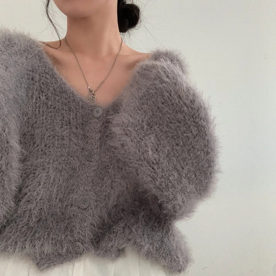 Chic V-Neck Knitted Sweater Coat for Women 🧥✨ Faux Fur Lazy Style Cardigan 💖 Autumn Winter Fashion Outerwear