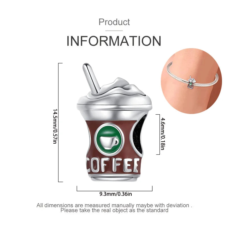 925 Sterling Silver Coffee Cup Charm Bead Fit Pandora Bracelet & Necklace DIY Jewelry