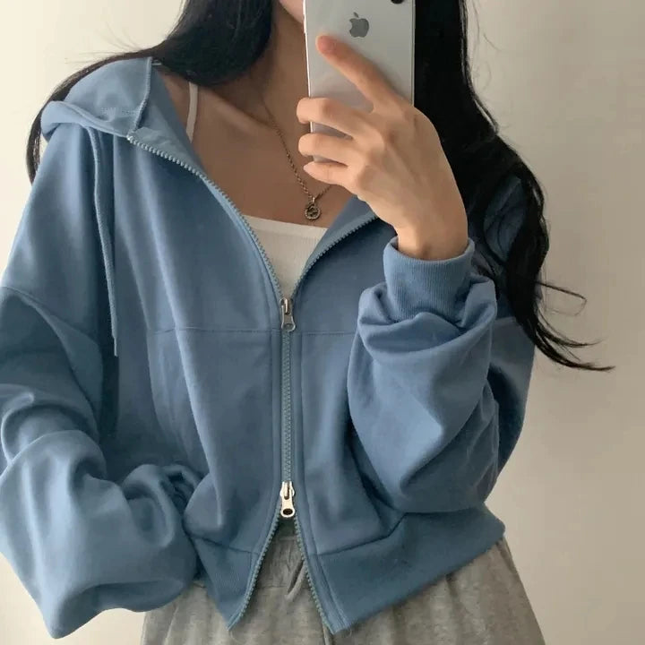Chic Early Autumn Casual Long Sleeve Hoodie – Double Zipper Loose Versatile Cotton Pullover | Pure Color Commute Wear