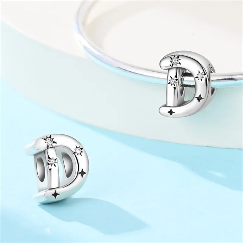 Classic 925 Sterling Silver A–Z Alphabet Charms | Letter Beads with Stars Fit Original Bracelet DIY Jewelry for Women