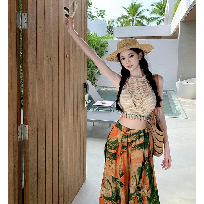 Vacation Style High Waist Wide Leg Pants – Thin Long Ethnic Print Pants for Beach & Holiday Wear