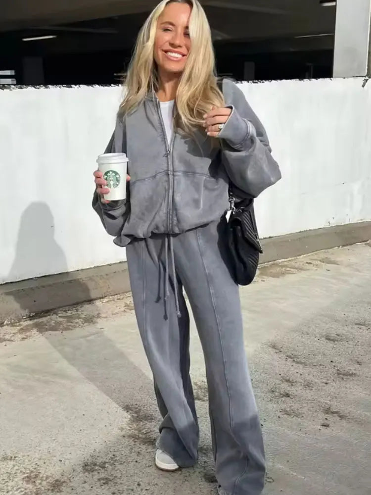 HH Women’s Fall 2-Piece Retro Set – Zip Bomber Jacket & High Waist Lace-Up Wide Leg Pants 🍁🖤