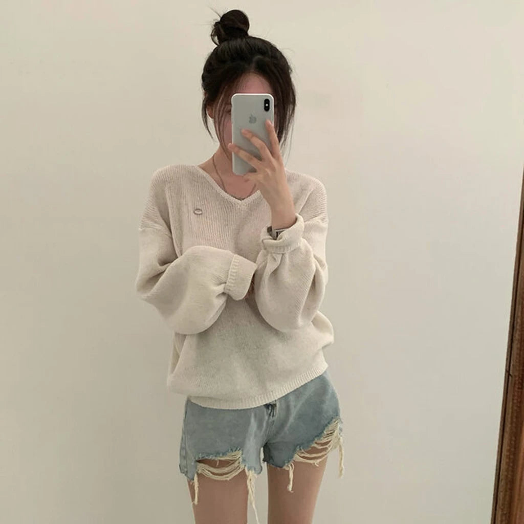 Loose Women’s Knitwear V-Neck Long Sleeve T-Shirt – Casual Comfortable Fashionable Autumn Top New Arrival