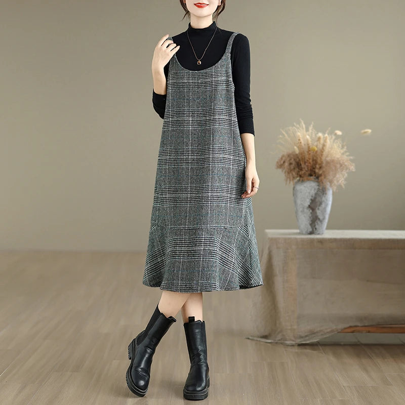 Autumn Winter Plaid Wool Skirt Vest Dress – Slimming Plus Size Mid-Length Thin Base Layer Outerwear | Casual Round Neck Dress