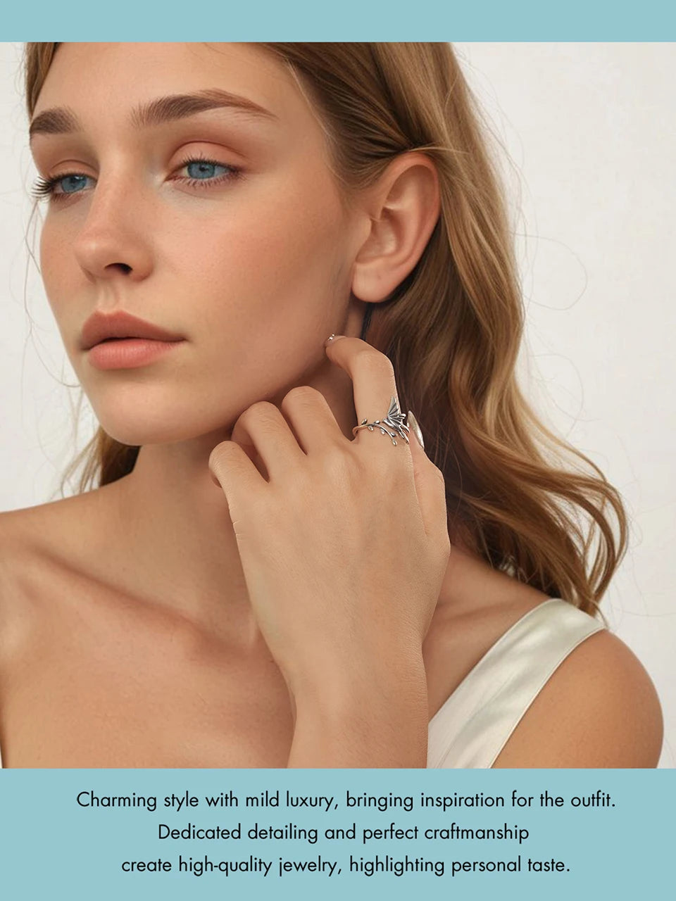 BISAER 925 Sterling Silver Floral Bird Open Ring | Adjustable White Gold Plated Flower Band for Women – Fine Party Jewelry