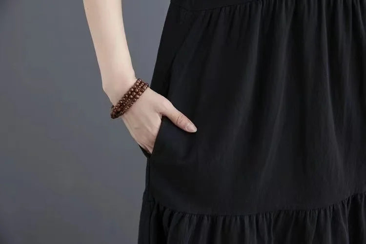 Cotton Linen Midi Dr Slimming A-Line Skirt High Waist Concealing Belly Summer New Sle Artistic Mid-aged And ly Wome...