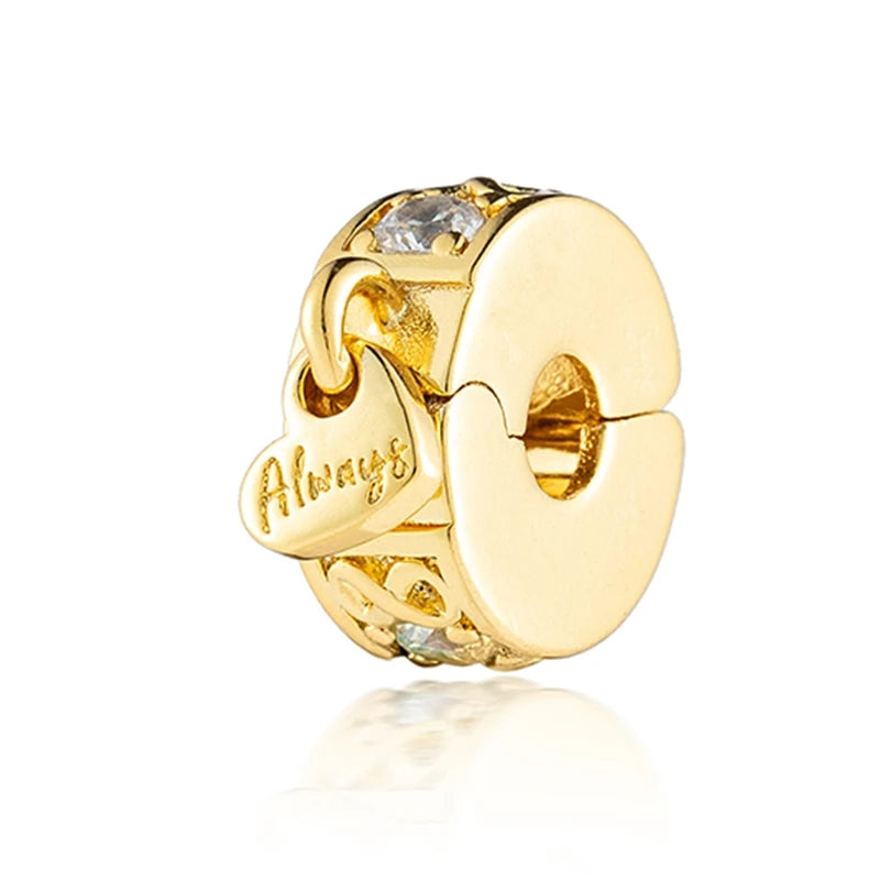 Sparkling Gold Plated Heart & Flower Clip Dangle Charm Beads | Fits Original Snake Bracelet & Necklace | DIY Jewelry Gift for Women