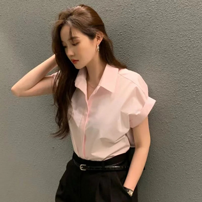 Chic Summer Loose Women’s Shirt | Classic Pure Color Professional Blouse with Small Lapel Collar