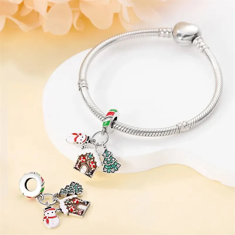 925 Silver Disney Christmas Charm Trio | Mickey Wreath Minnie Ice Skating Bead Pendant Fits Pandora Bracelet