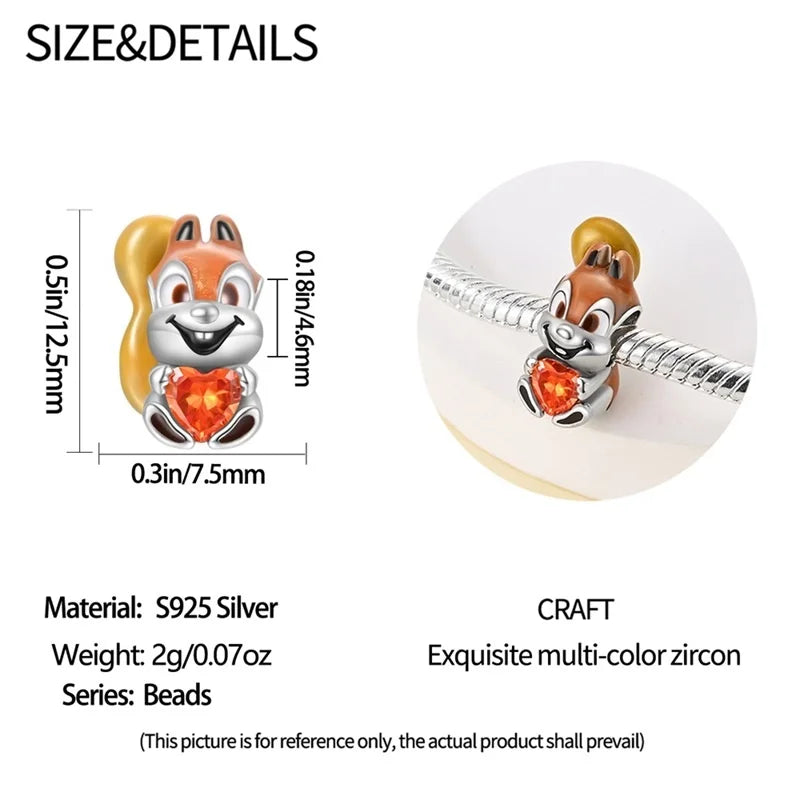 925 Sterling Silver Squirrel & Maple Leaf Charm | Shiny Zircon Autumn Beads Fit Pandora Bracelet DIY Jewelry