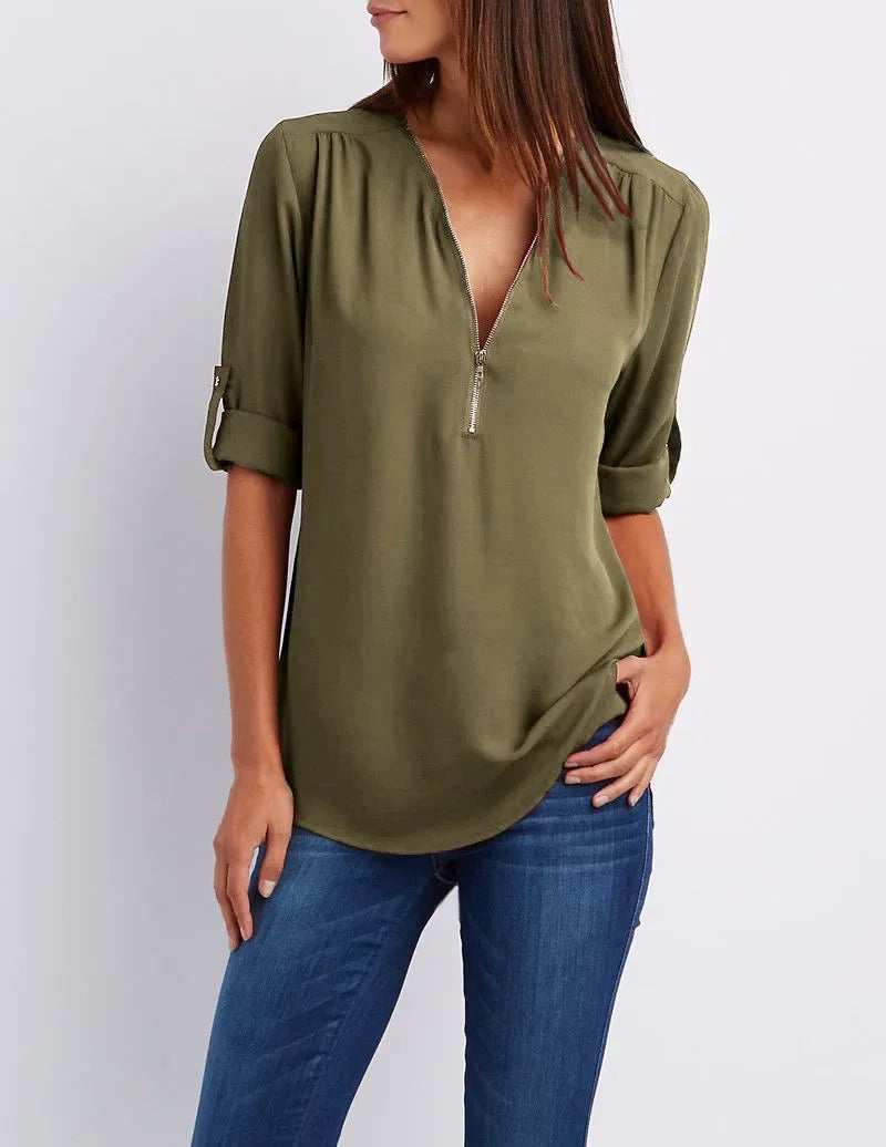 2025 Women’s Chiffon Blouse | Sexy Deep V-Neck Zipper Pullover Loose Fashion Top Plus Size