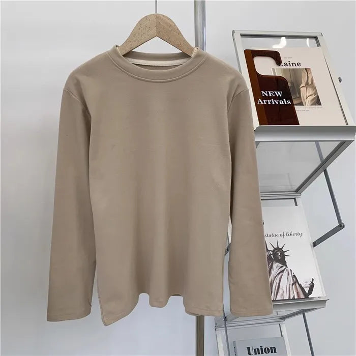 Women's Round Neck Fleece-Lined Long Sleeve Base T-Shirt ❄️ Slimming Inner Wear 👚 Korean Style Commute Fashion 🌟