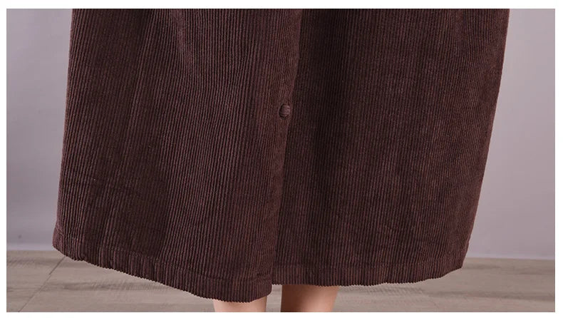 Retro Pure Color Corduroy Dr Loose Casual Long irt Dr Women's A-Line Skirt Long Sve  Collar Single Button Closure