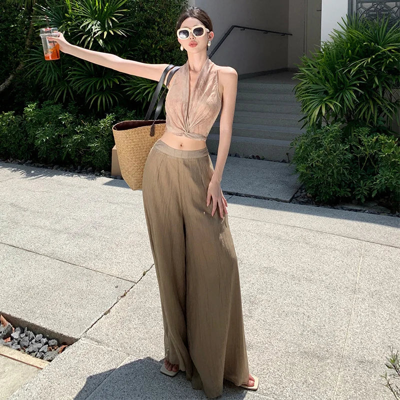 Vacation Style High Waist Wide Leg Pants – Thin Long Ethnic Print Pants for Beach & Holiday Wear