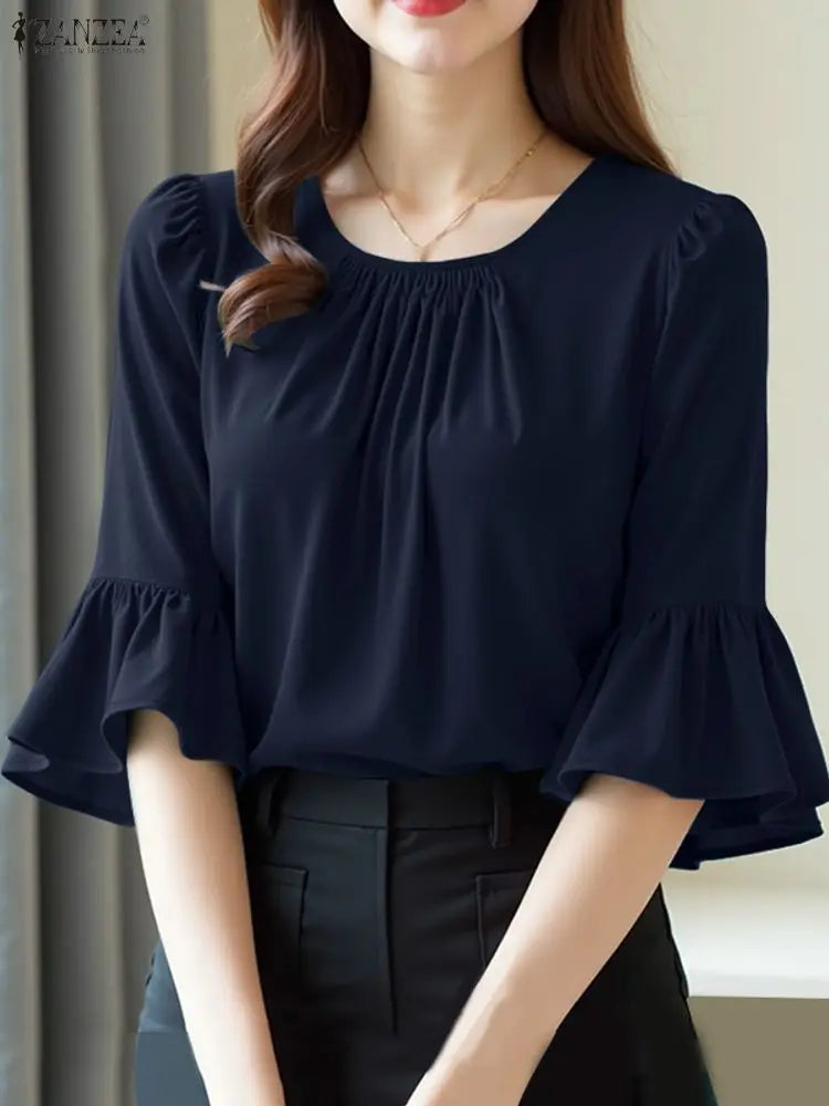 2025 ZANZEA Office Women Blouse – Elegant Solid O-Neck 3/4 Sleeve Summer Work Top 👚✨