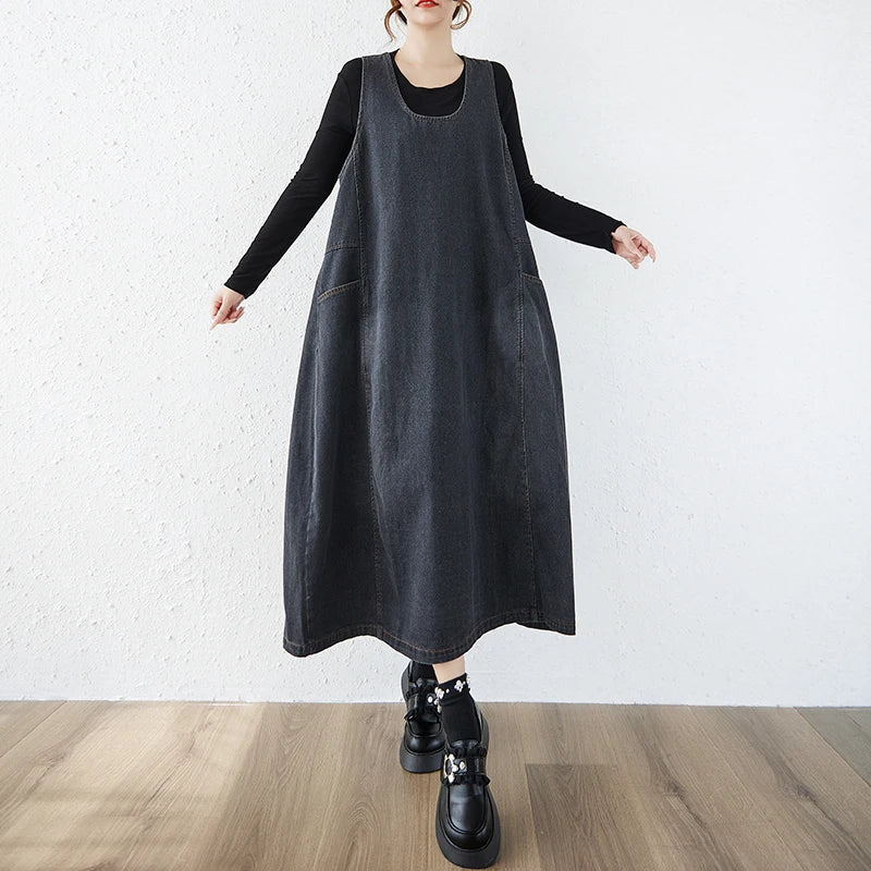Loose Korean Style Plus Size Denim Vest Skirt – High Waist Over-Knee Slimming Cotton Jeans Corset Casual Dress for Women