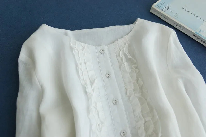 Japanese Style Women’s Long Sleeve Cotton Linen Dress | Wooden Ear Design Loose A-Line Skirt with Waist Belt