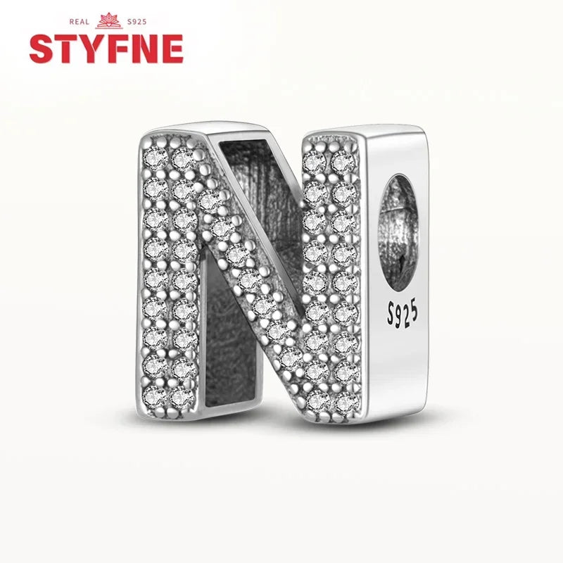 925 Sterling Silver Alphabet Letter Charm Beads with Shiny Zircon – A-Z Initial Beads for Pandora DIY Bracelet & Women’s Jewelry