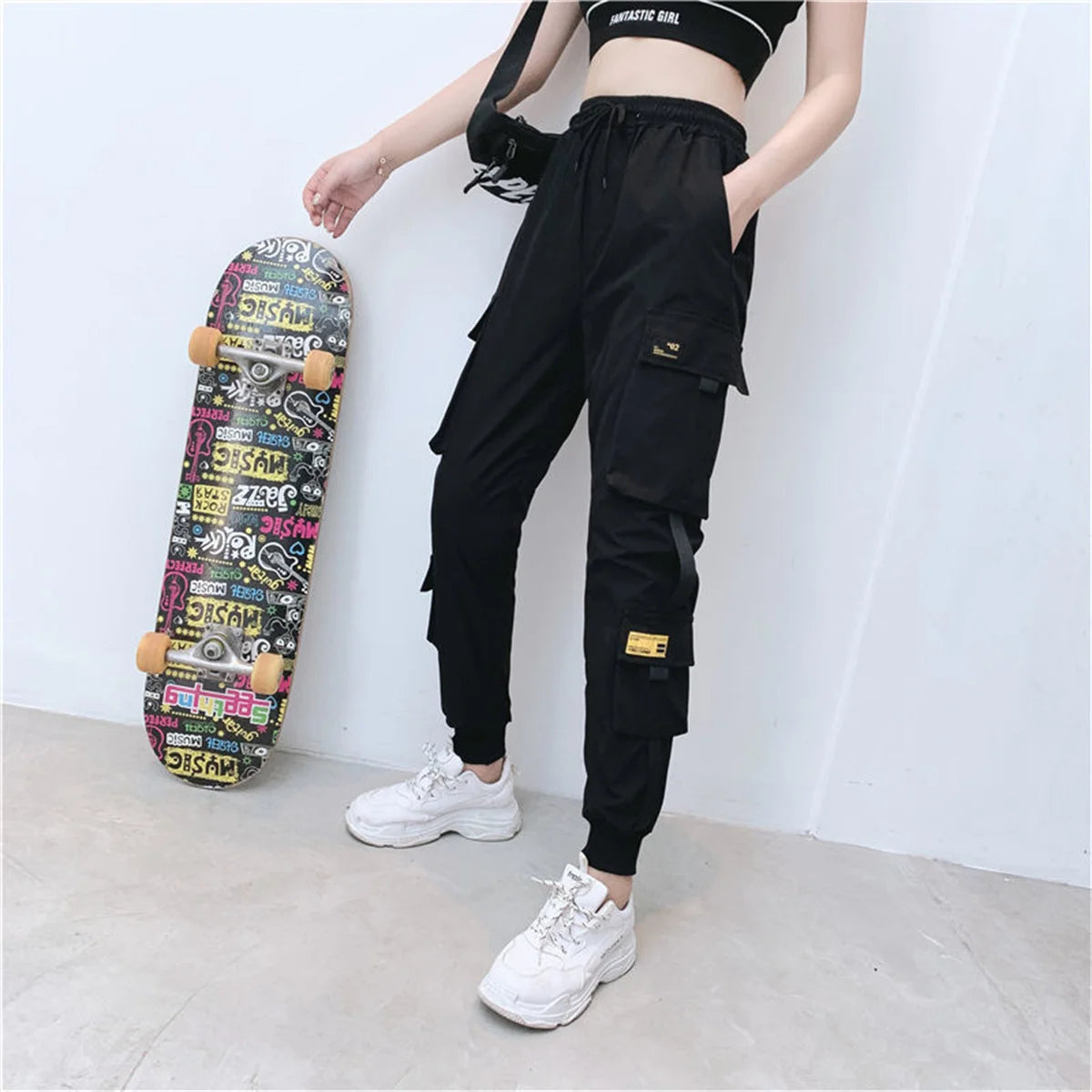 Black Cargo Pants for Women | High Waist Loose Joggers | Korean Hip Hop Streetwear Trousers
